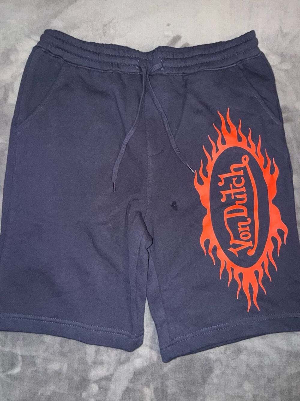Von Dutch Fire Flame Logo Graphic Fleece Drawstring Sweatshorts Navy Blue Size M